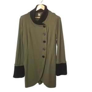 Venus Olive Knitted Collar & Sleeves Button Front Rayon Asymmetrical Jacket‎ 16